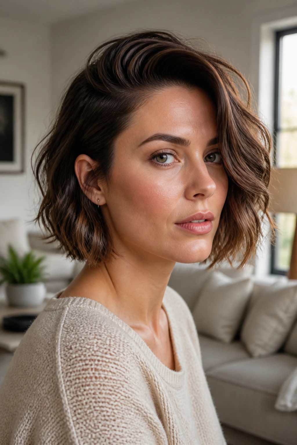 Close-up of a real woman with a deep side-part wavy bob in warm window light