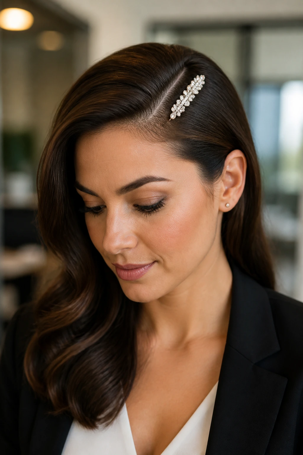 Close-up of a deep side part with a jeweled clip at the hairline