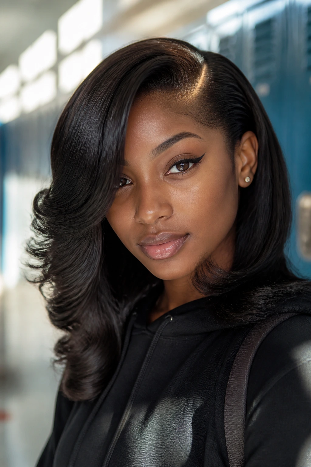 Close-up of a real woman with a deep side part and curled ends in a school hallway
