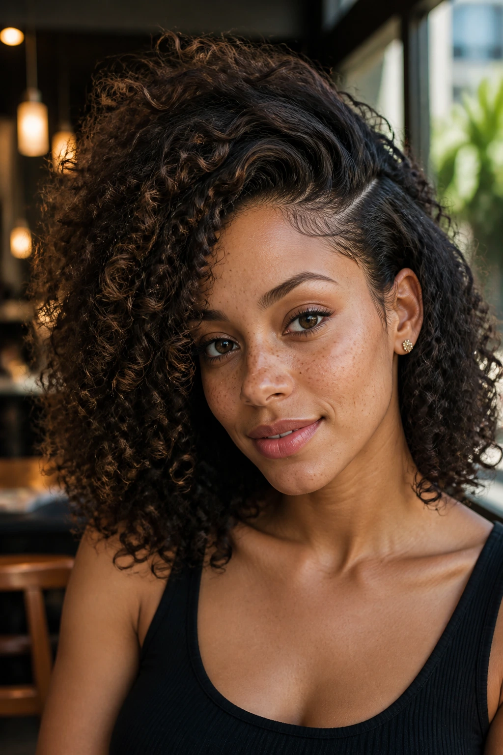 Close-up portrait showing a deep side part in curly hair