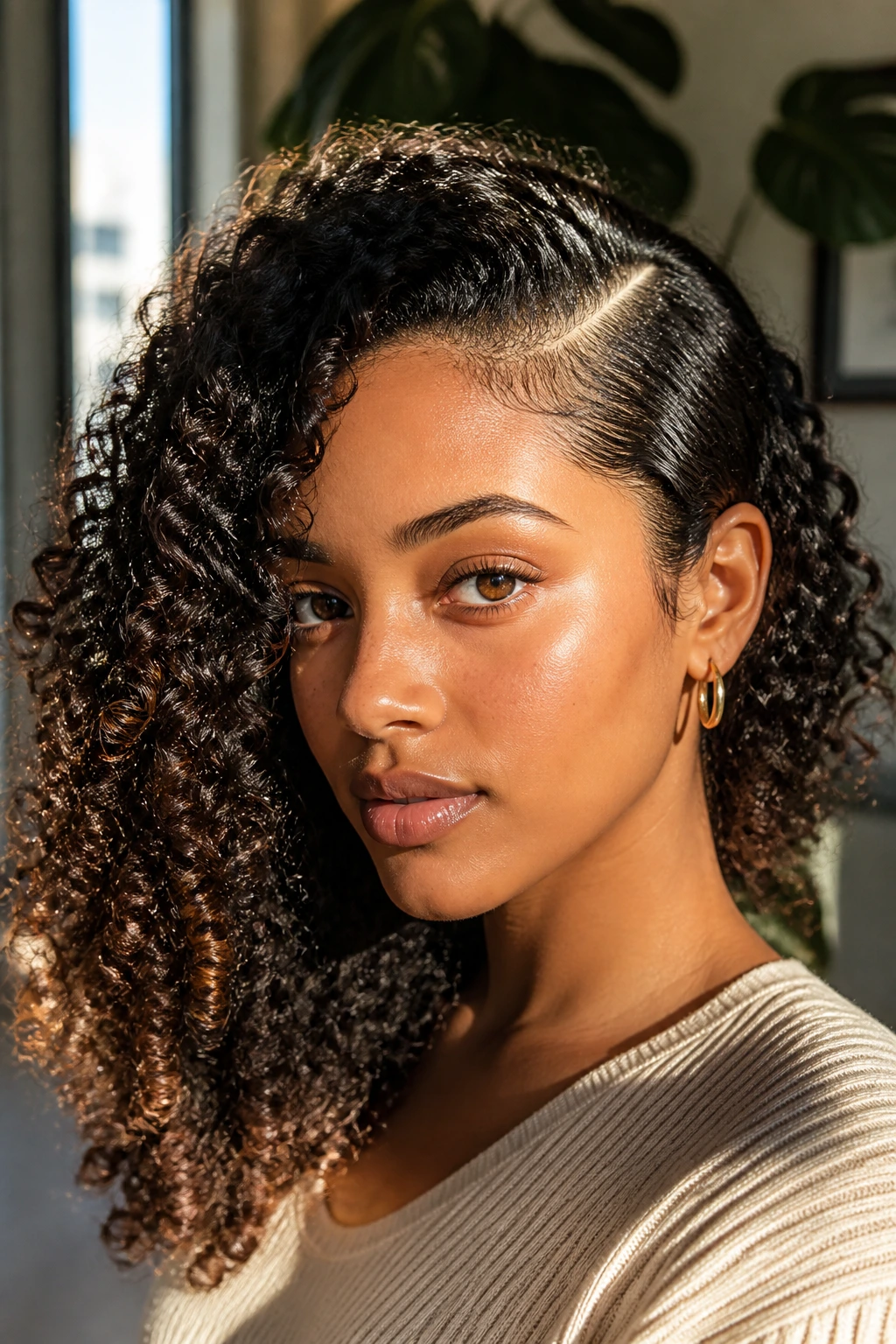 Close-up of a real woman with a deep asymmetrical side part on curly hair
