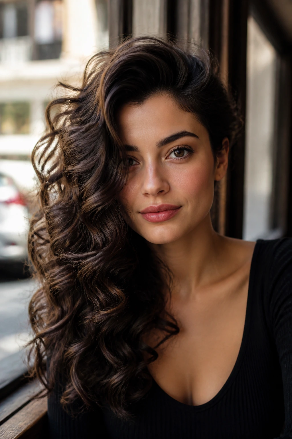 Portrait of a real woman with a deep side part and voluminous curls