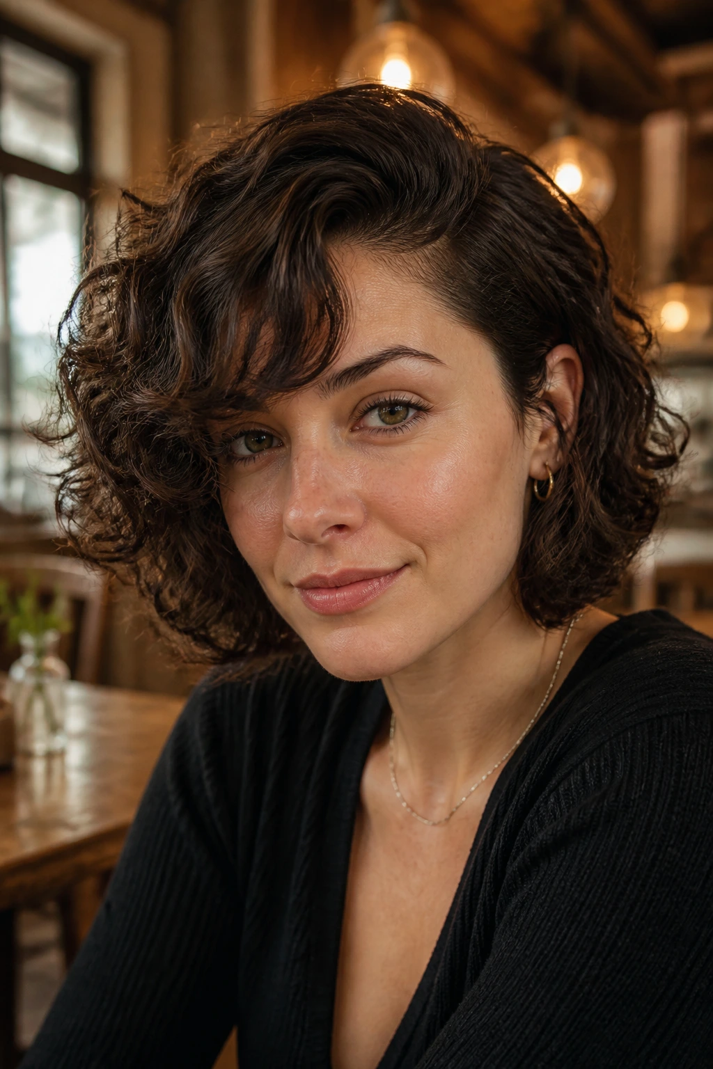 Close-up of a real woman with deep side-parted chin-length curly bob and sweeping curtain bangs.