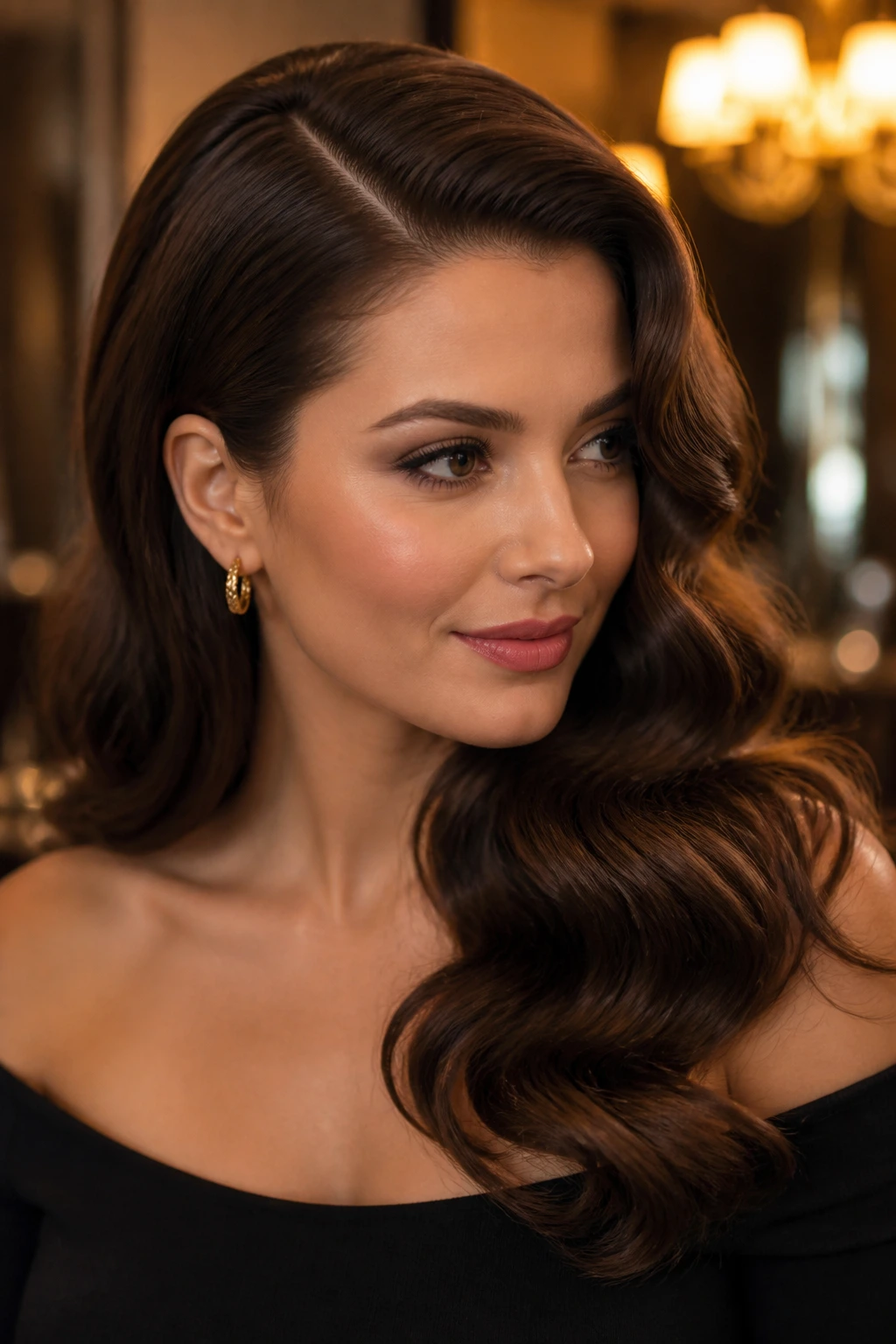 Close-up of woman with deep side part and glamorous waves