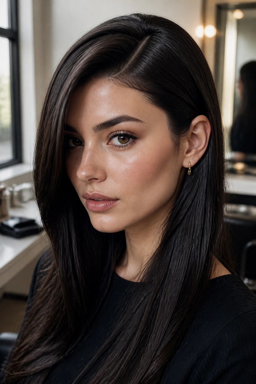 Close-up of a woman with a glass-finish deep side part in espresso hair