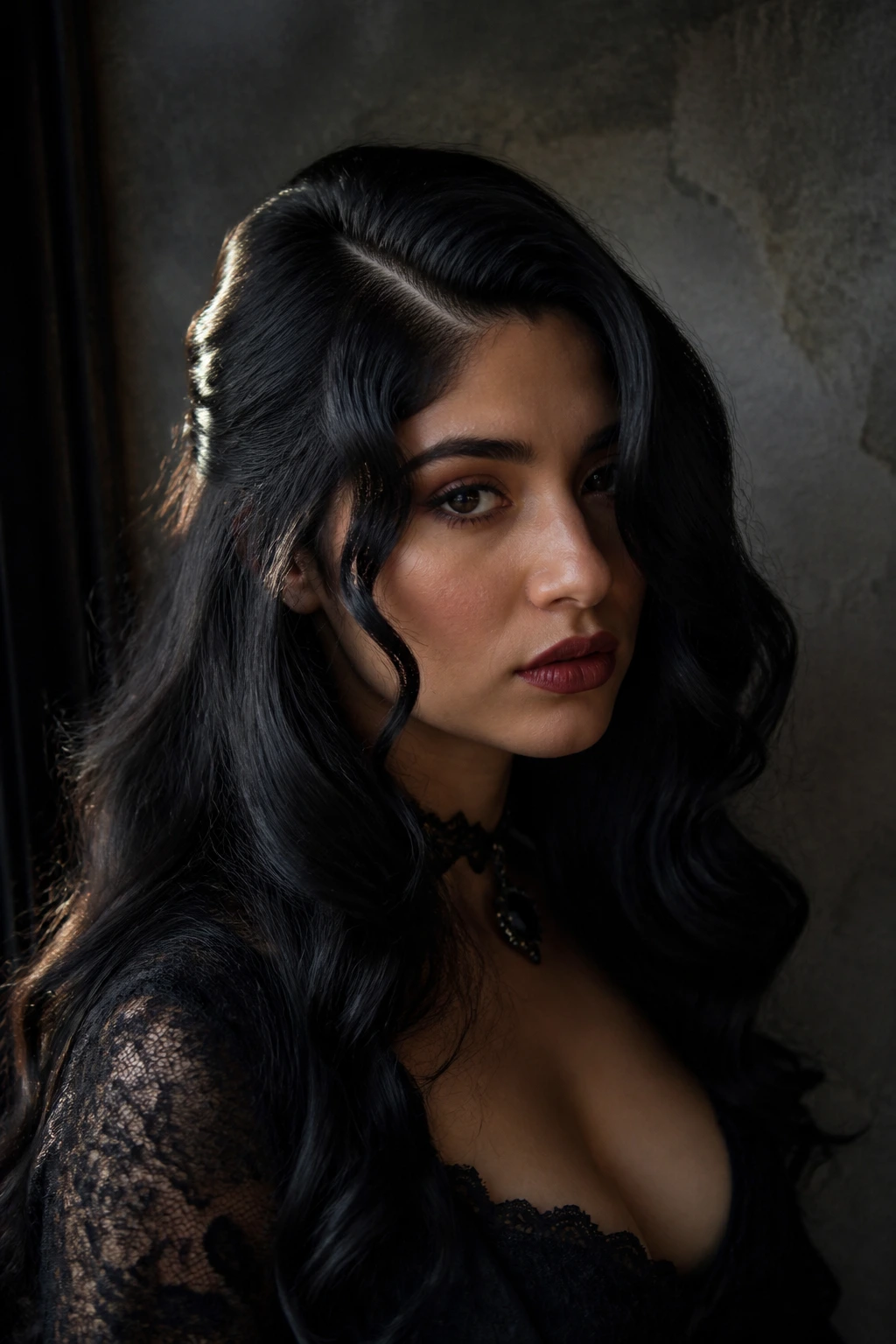 Latina with deep side part and dramatic face-framing hairstyle