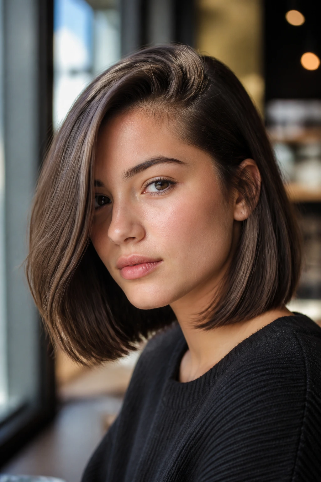Close-up of teen with deep side-parted lob hairstyle