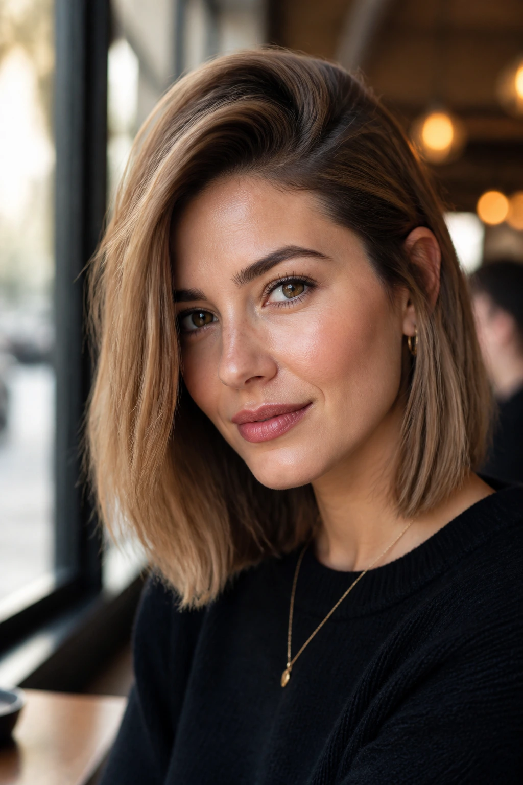 Close up of a woman with a deep side parted lob
