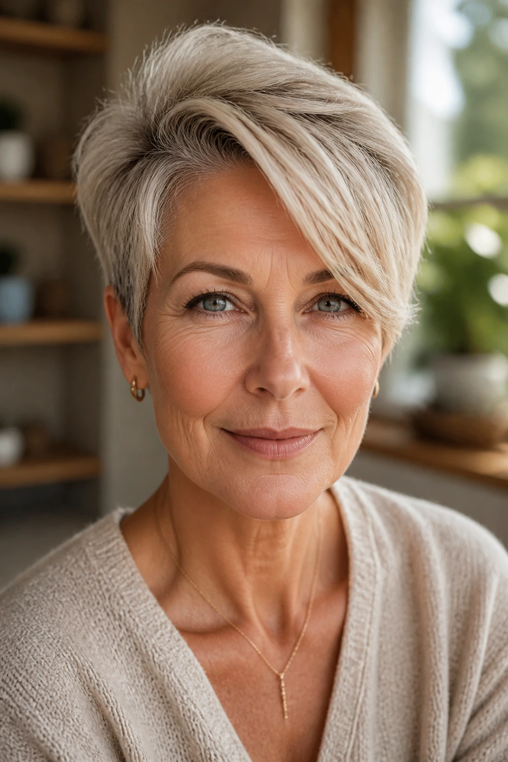 Close-up of a real woman with a deep side-parted pixie in warm home lighting