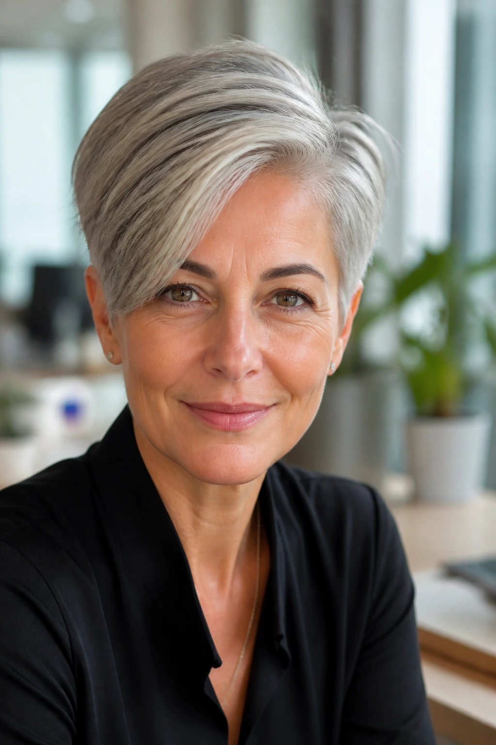 Close-up of a woman with a deep side-parted silver-grey pixie in an office.