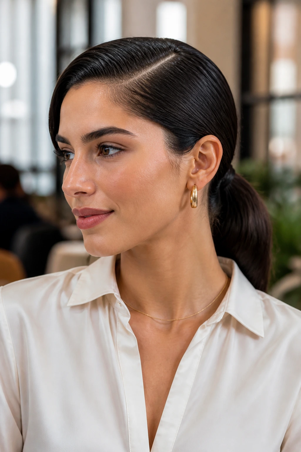 Close-up of a real person with a deep side-part low pony in natural cafe lighting