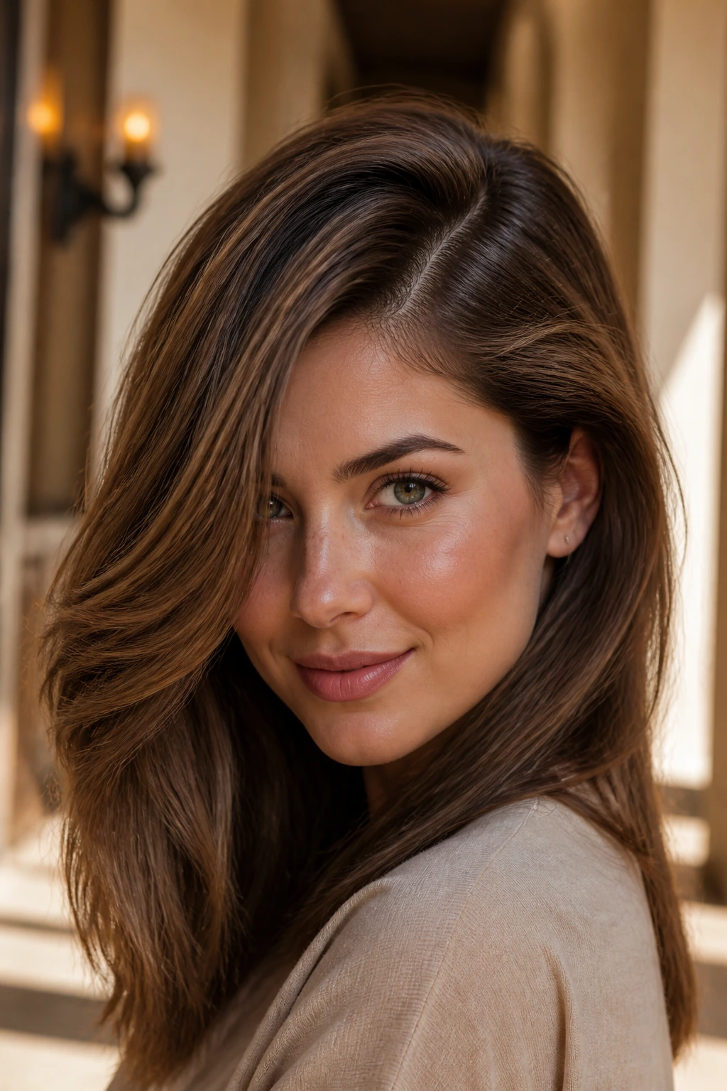 Real woman with a deep side part and diagonal hair sweep