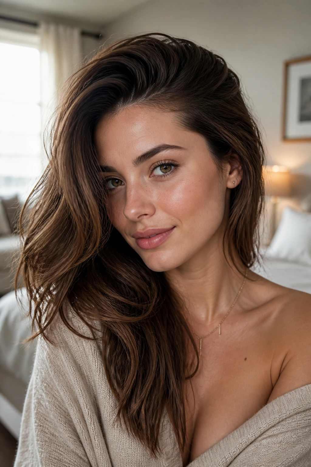 Close-up portrait of a real woman with a deep side part and lifted roots.