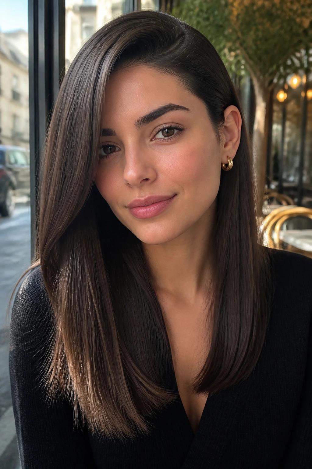 Close-up portrait of a real woman with deep side part and sleek hair
