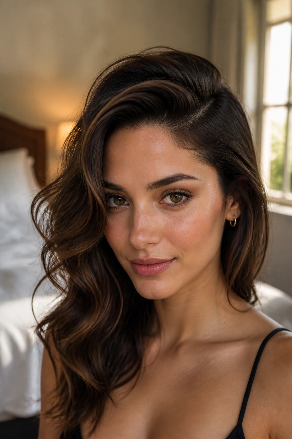 Close-up of a woman with a deep side part and soft textured waves.