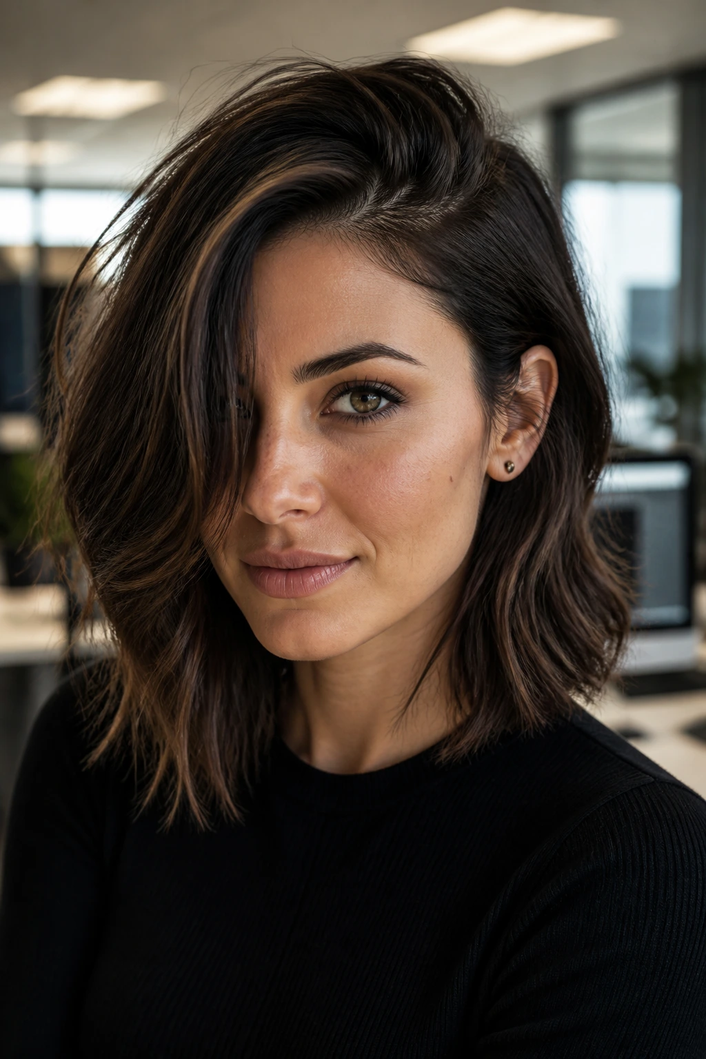 Close-up of a real woman with a deep side part and textured hair in office setting