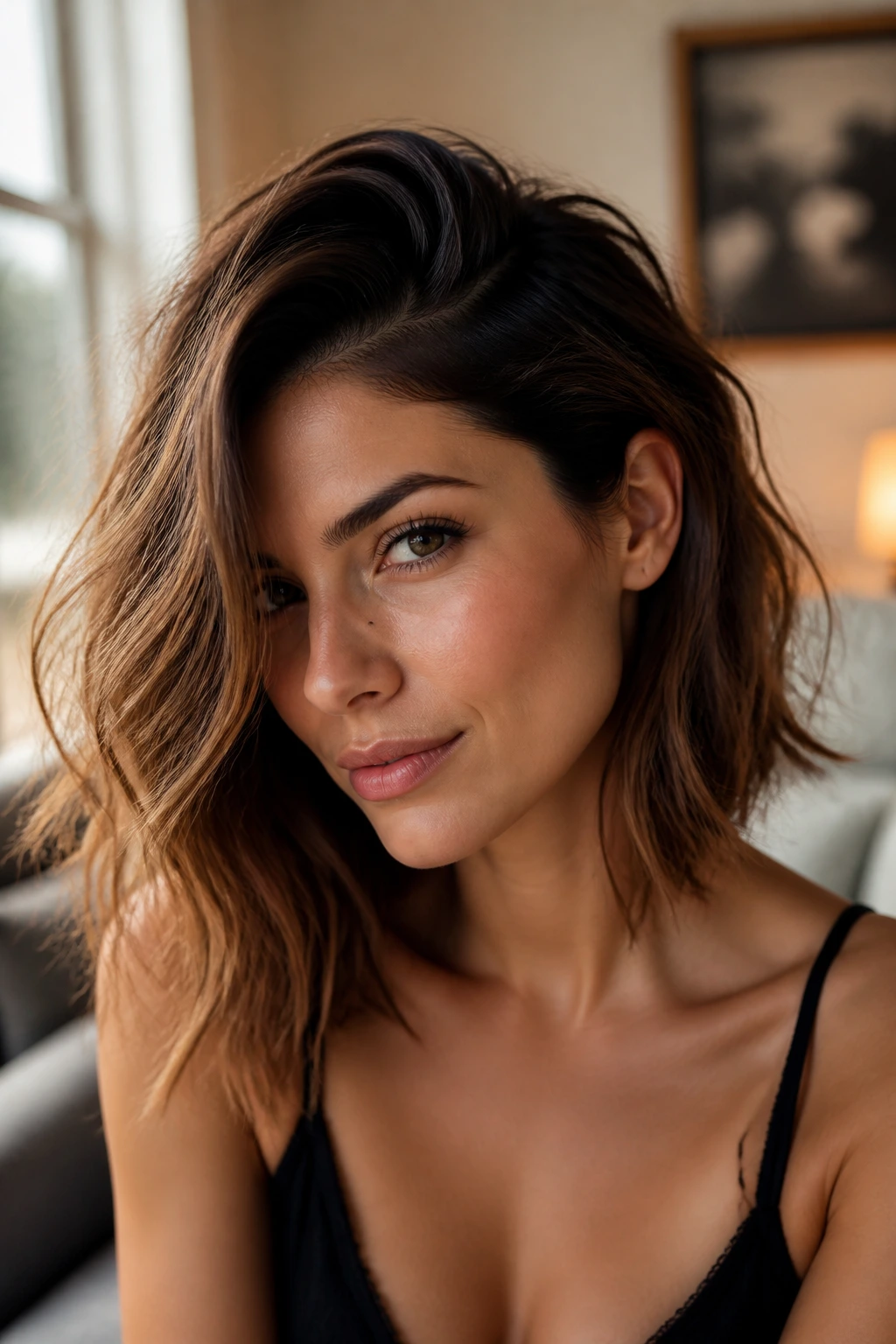 Real woman with deep side part and textured waves, portrait.