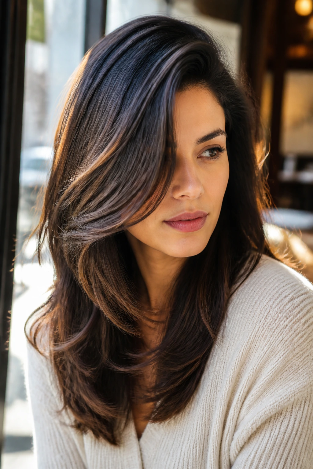 Portrait of a real woman with a deep side part and V-cut hair