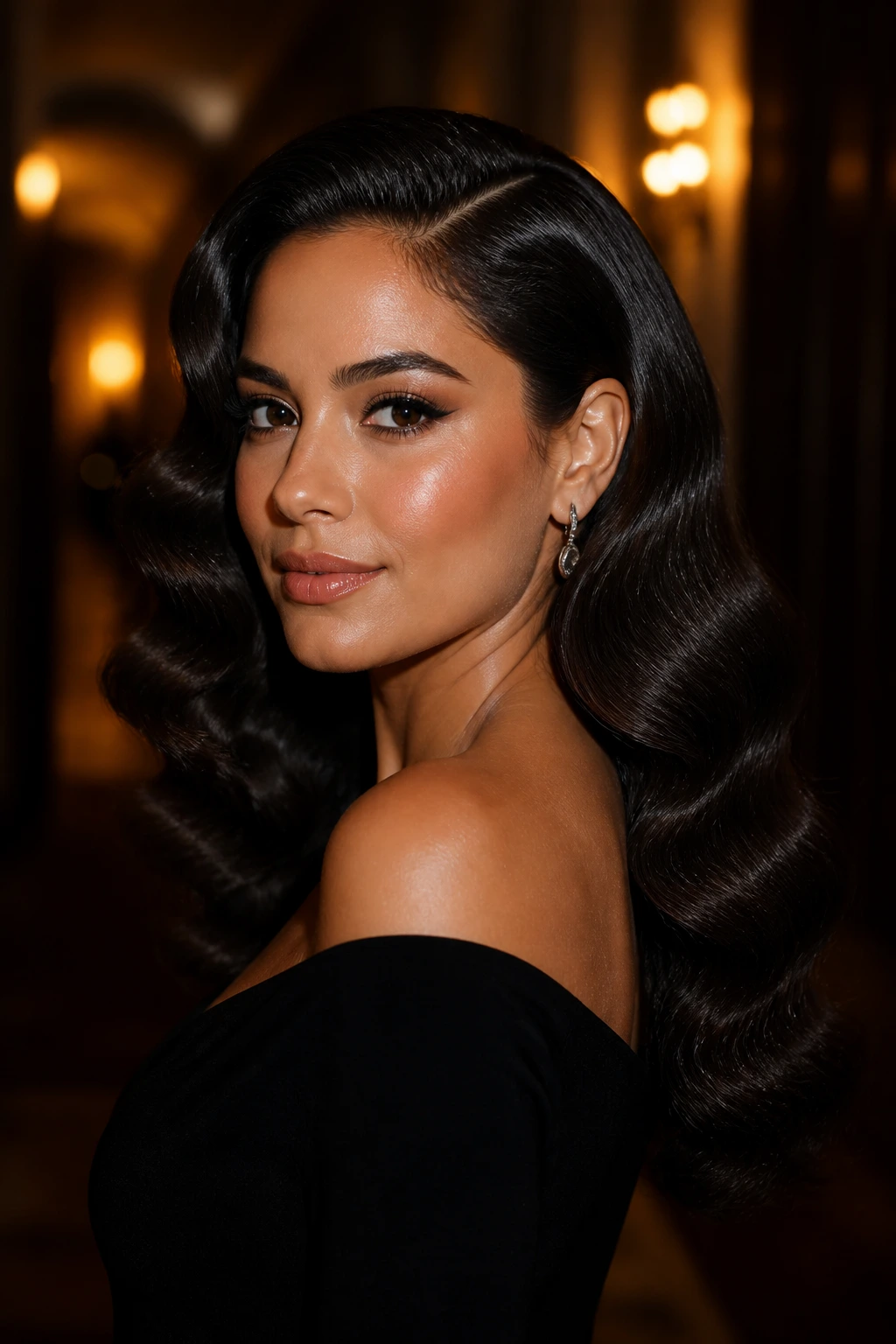 Latina woman with deep side part and Hollywood waves