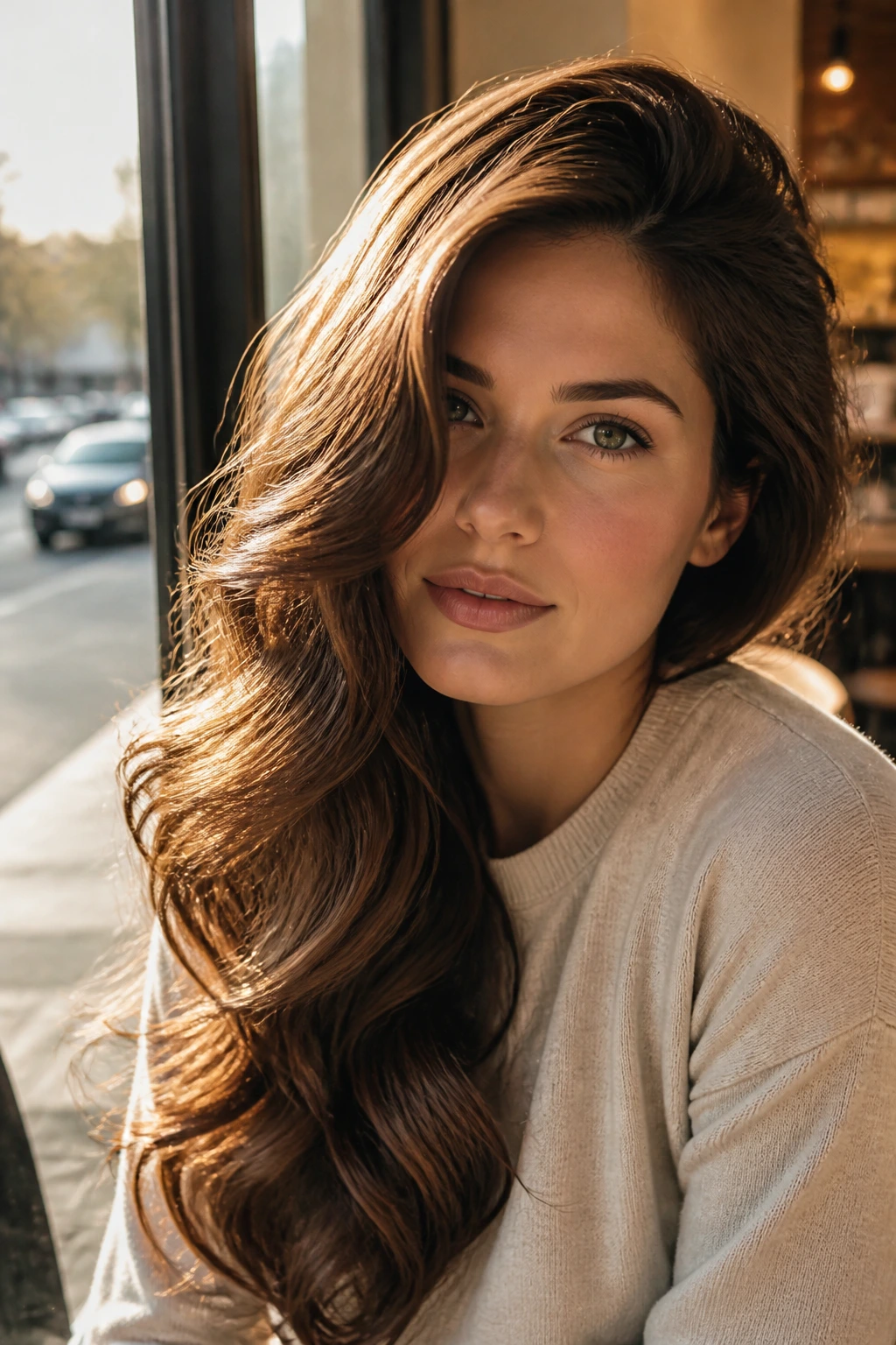 Real woman with deep side-parted waves hairstyle in cafe window light