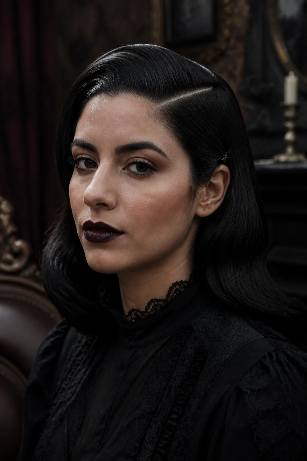 Close-up of a real Latina woman with a deep side part and waves in a moody room
