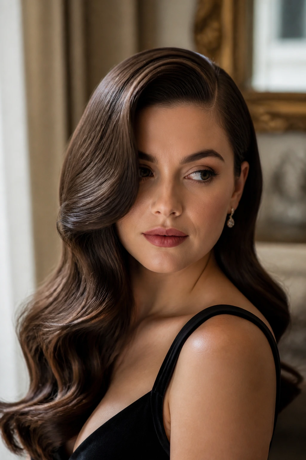 Portrait of a real woman with a deep side part and large Hollywood waves.