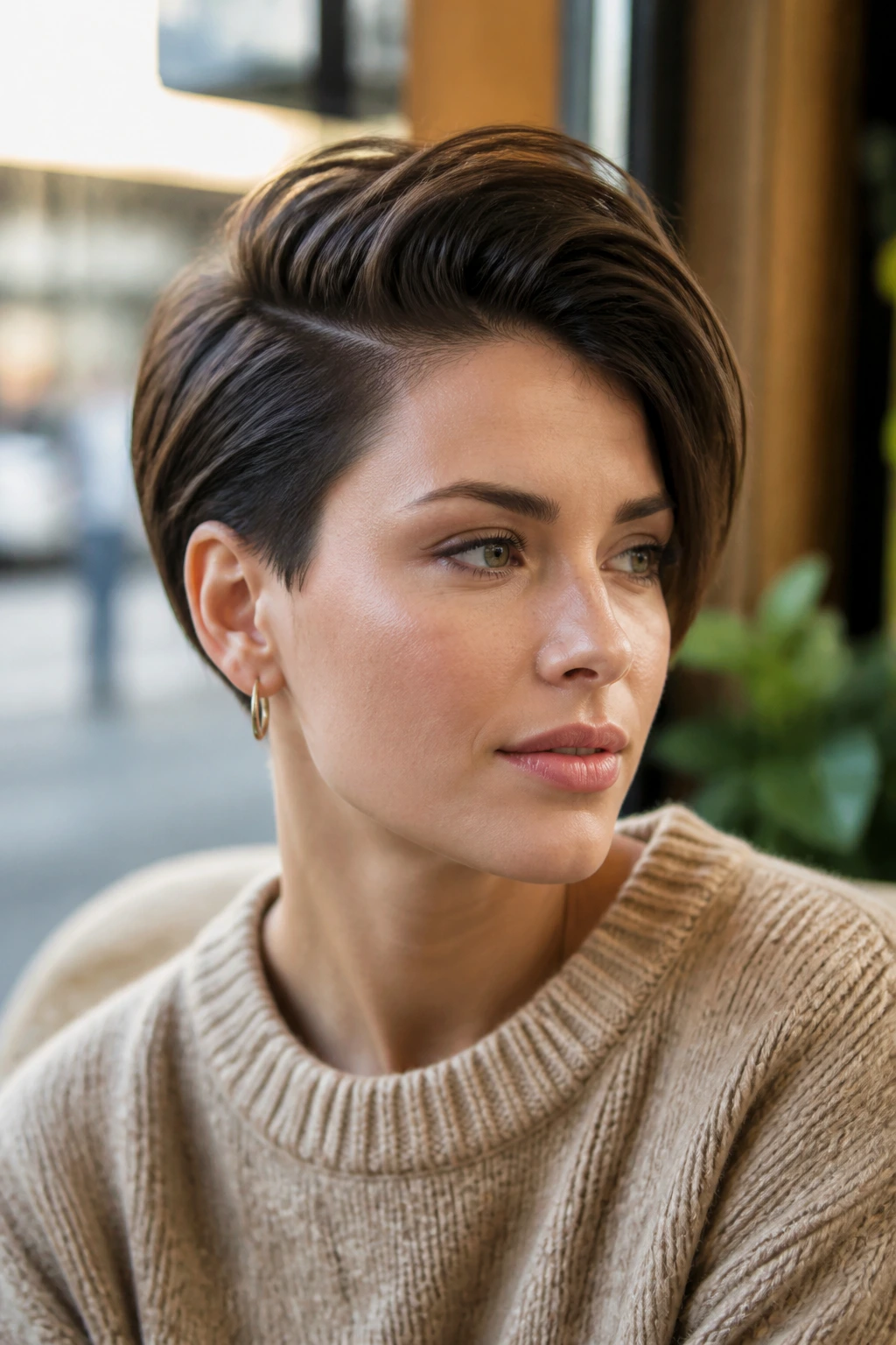 Deep side-parted pixie cut on a real person in warm cafe light