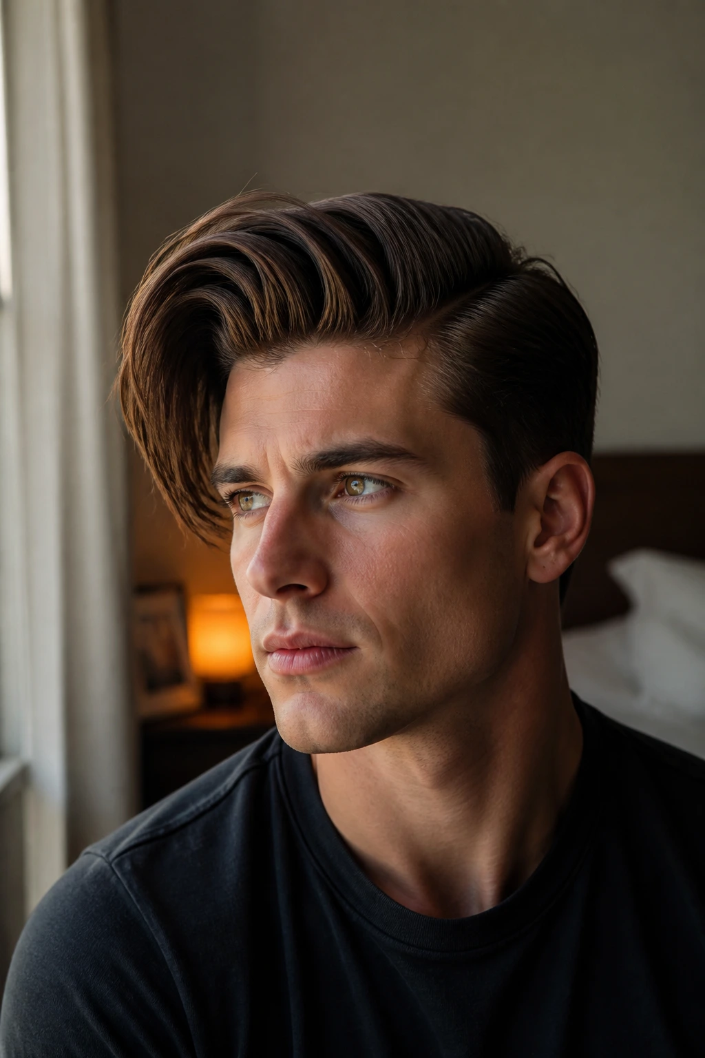Close-up portrait of a man with a deep side pompadour in a warm bedroom.