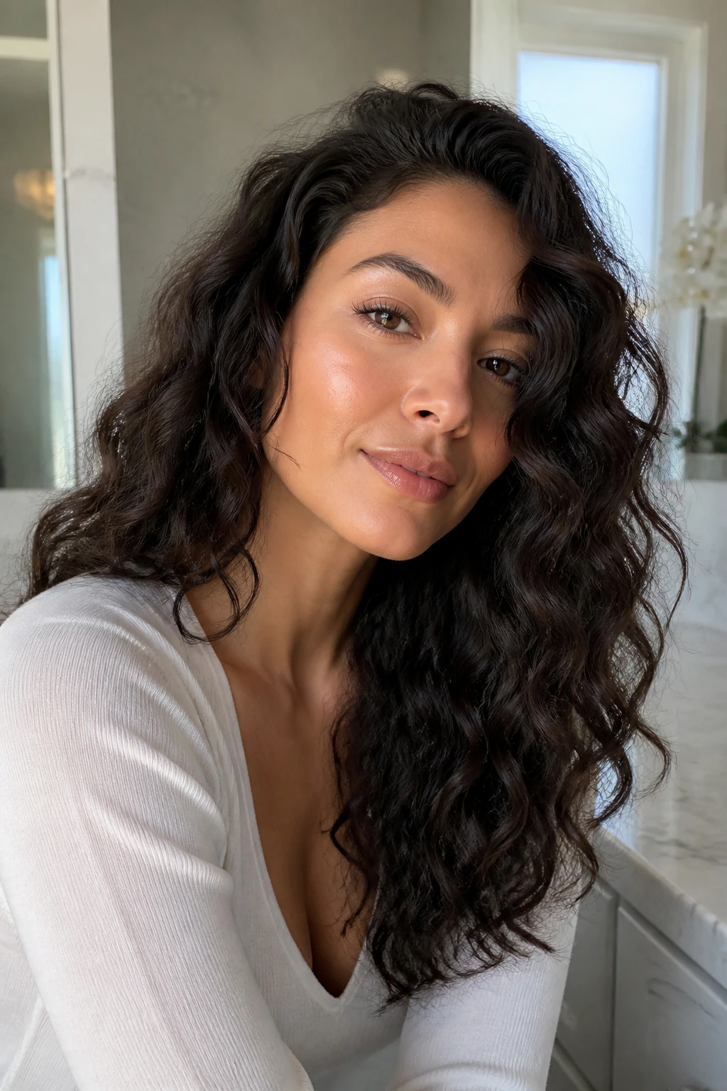 Real woman with large loose waves showing natural texture and movement