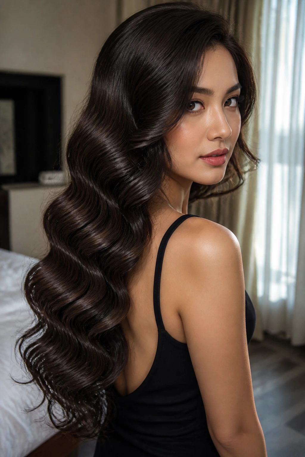Close-up of a real woman with deep wave waterfall hairstyle in soft daylight