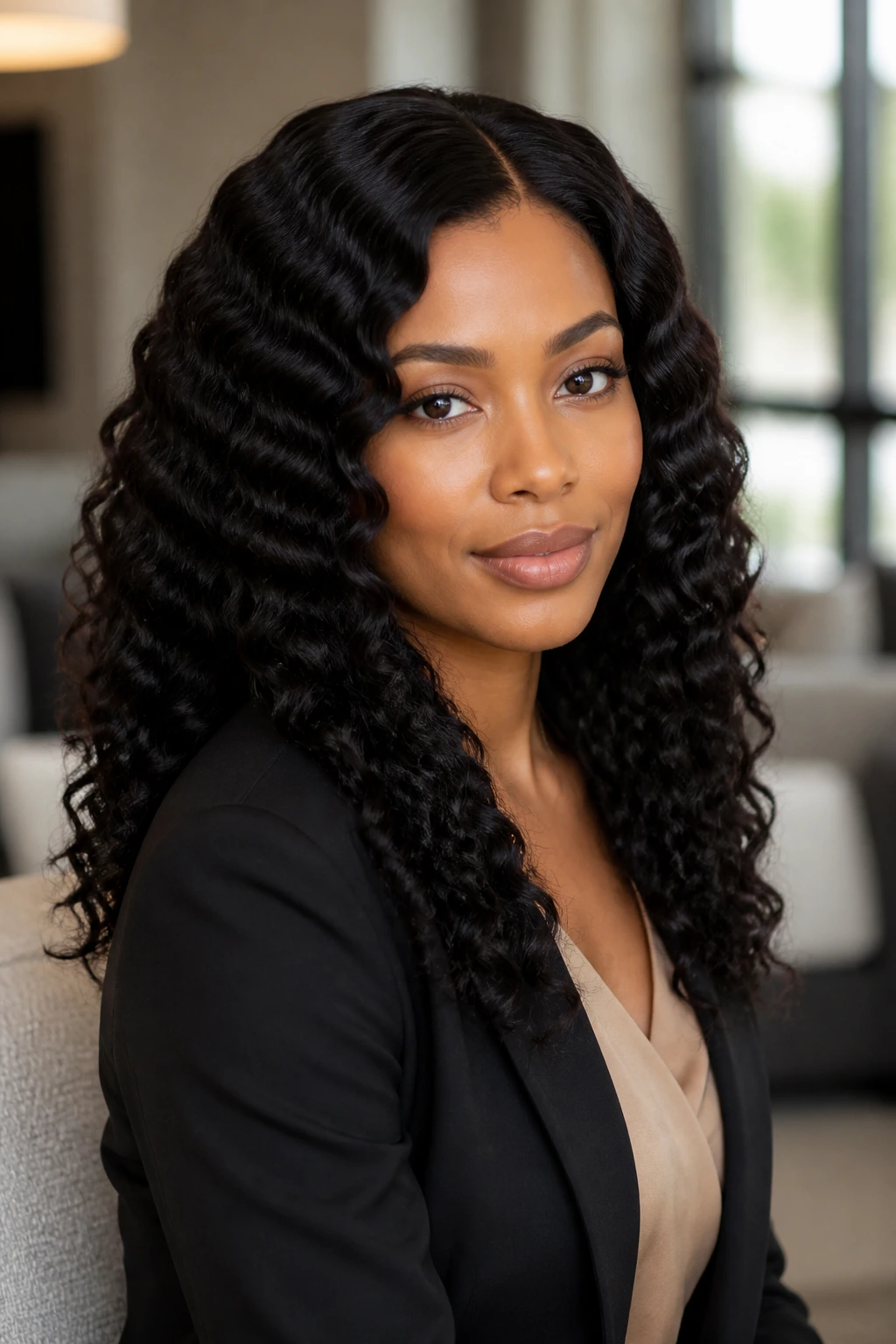 Close-up of a real woman wearing a uniformly patterned deep wave curly wig in an office setting