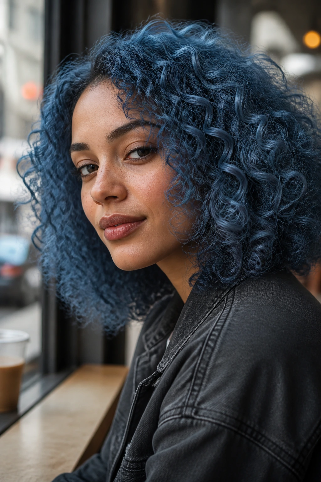 Close-up of a real person with denim slate blue curls in a modern setting.