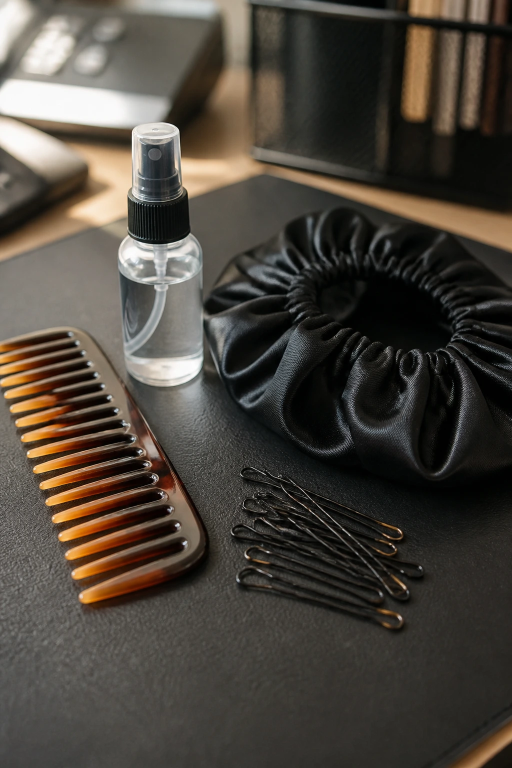 Close-up of desk hair tools kit including comb, spray bottle, silk bonnet, and bobby pins on a desk mat in an office setting.
