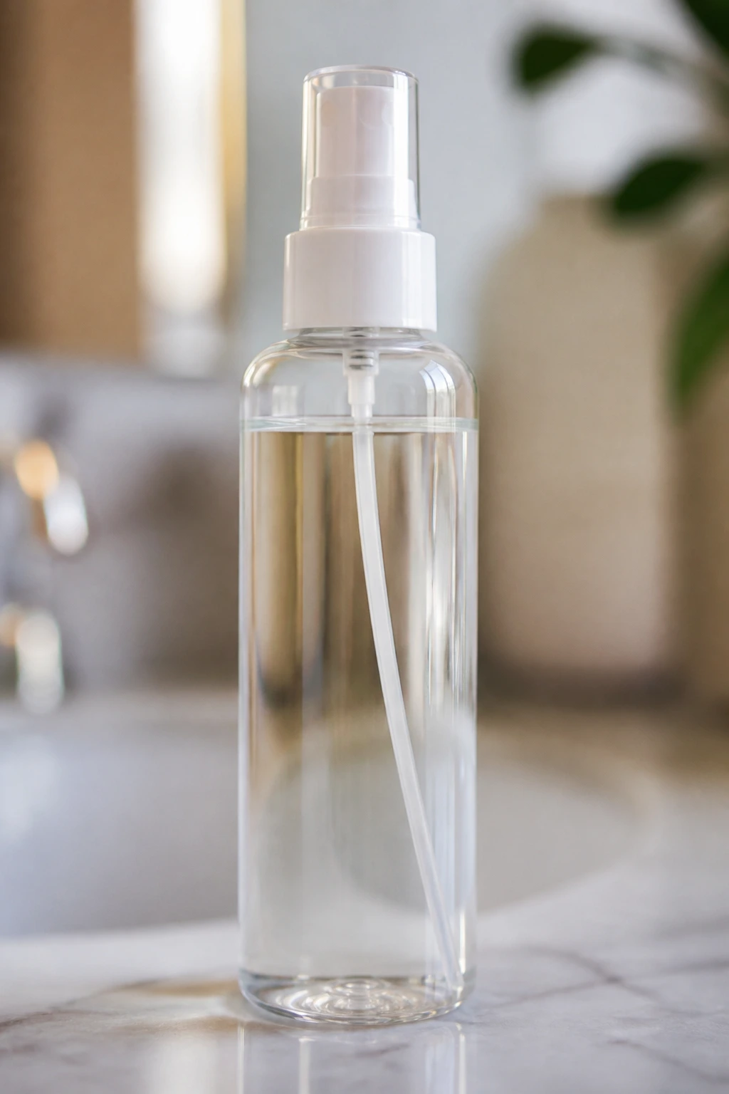 Close-up of a detangling spray bottle on a bathroom counter