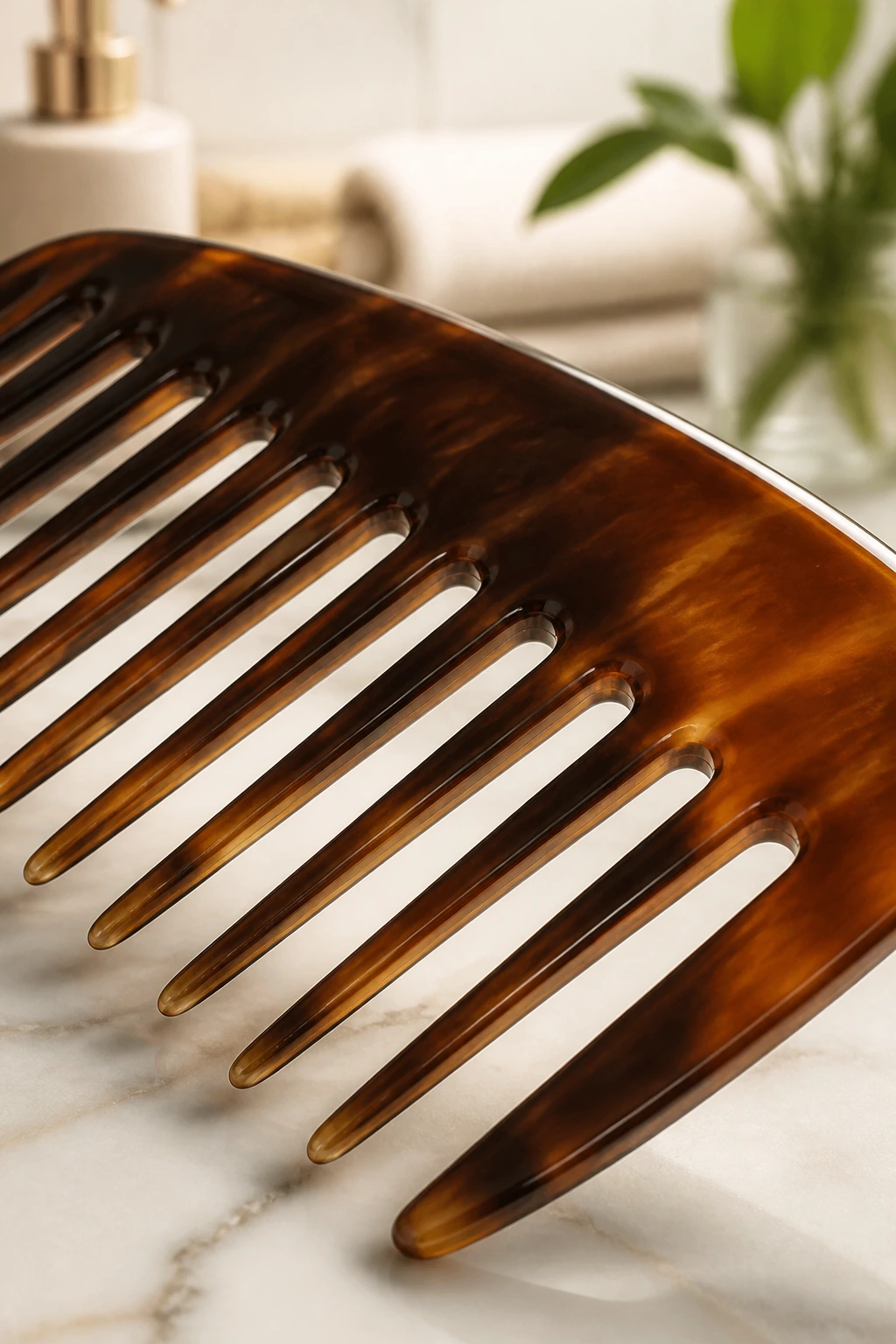 Close-up of a wide-tooth detangling comb filling the frame