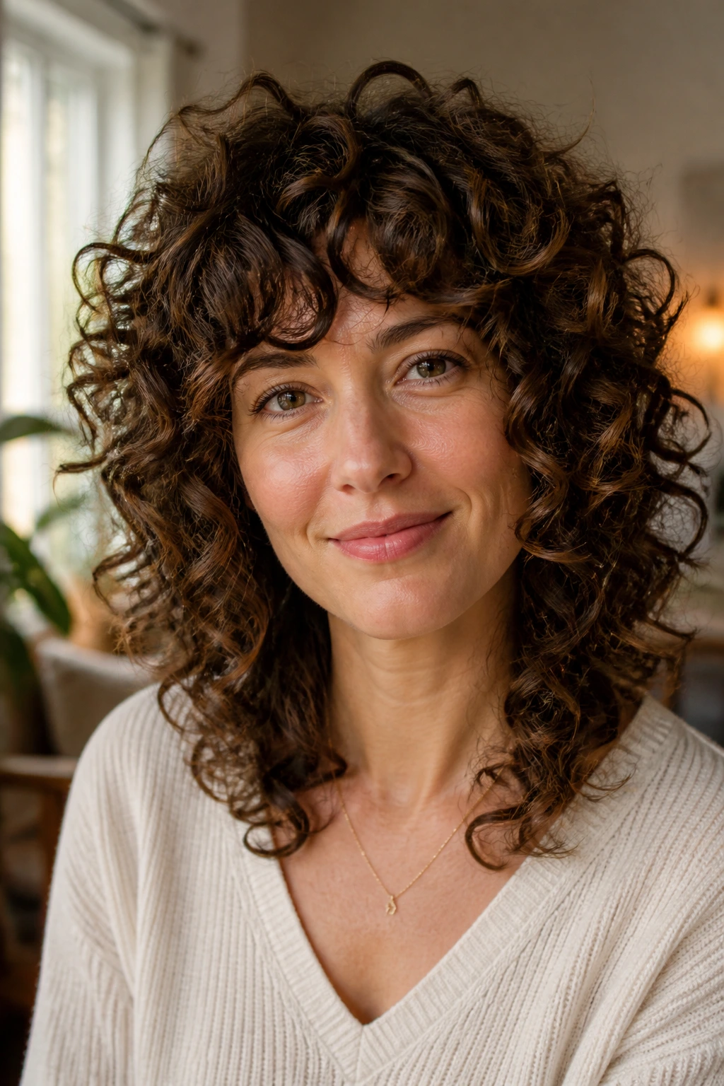 Close-up of a real woman with a Deva-Cut shag curly hairstyle