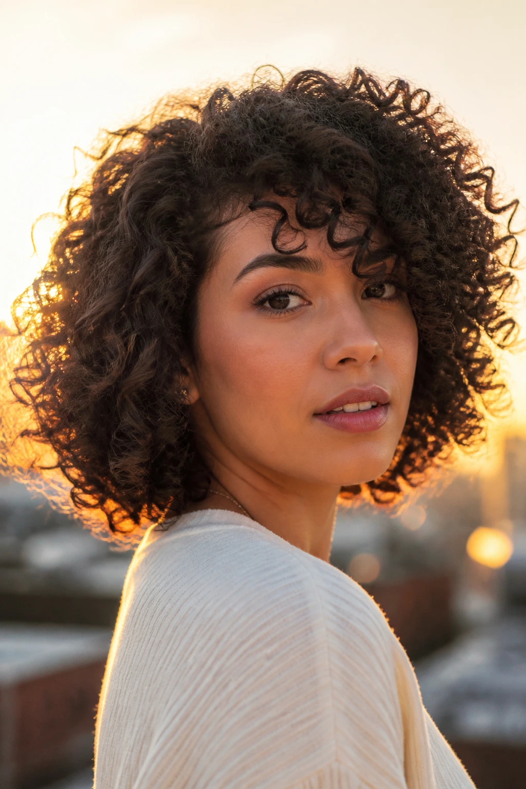 Close-up of real person with Deva-inspired cut and side-swept bangs