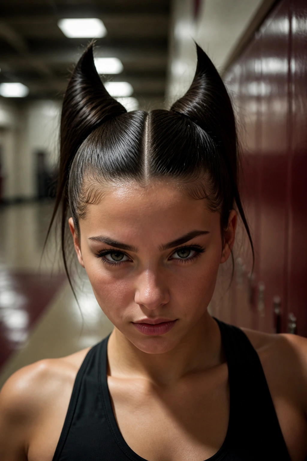 Real person with high ponytails shaped like devil horns in a gym hallway