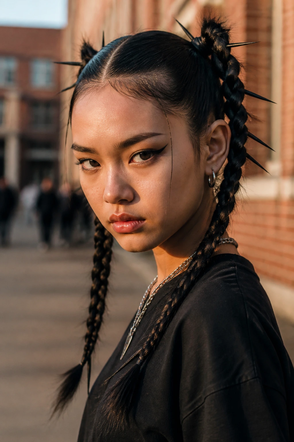 Close-up of a real person with braided pigtails and spikes in a school courtyard.