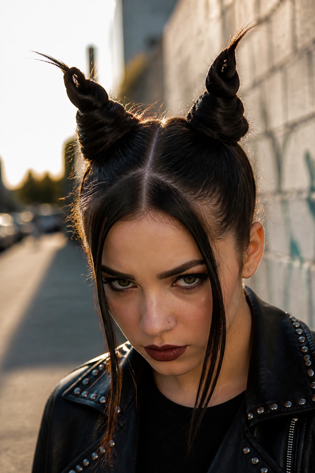 Close-up of a real person with double-spiked buns resembling devil horns on an urban street