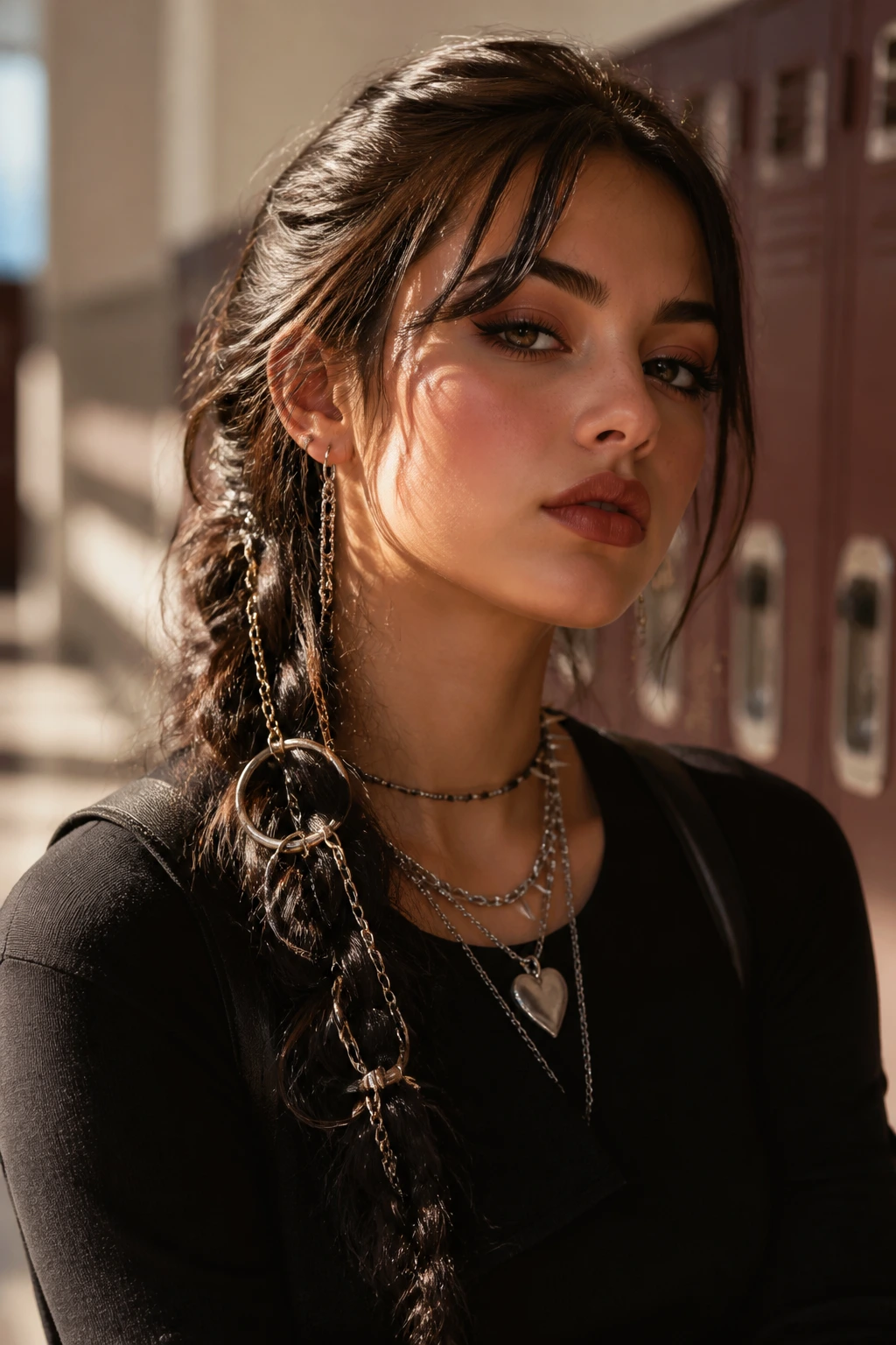 Close-up of a real person with a messy side braid and hair accessories in a school hallway.