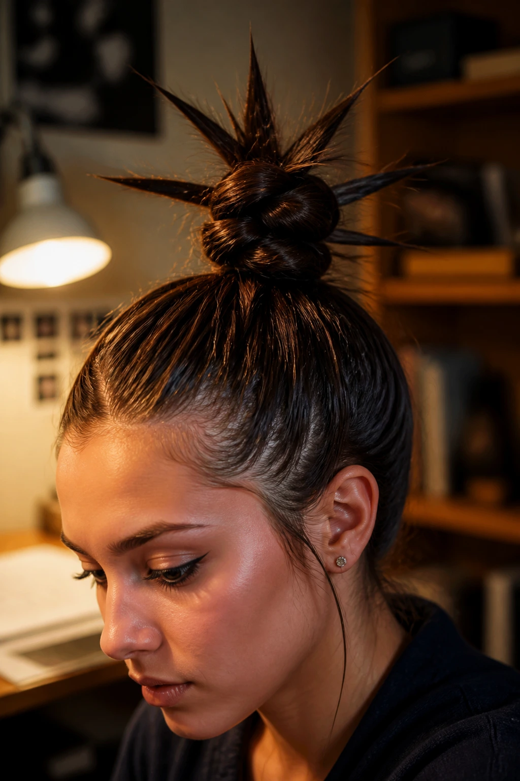 Close-up of a real person with a devilish top knot and sharp ends in a dorm room.
