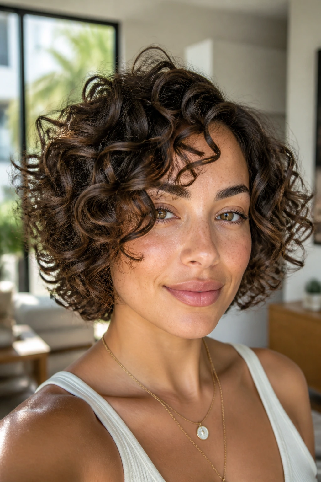 Close-up portrait of a real woman with a diffused curly bob