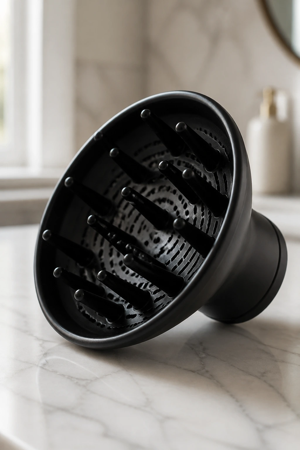Close-up of a premium diffuser attachment with long fingers on a marble counter, soft bathroom lighting.