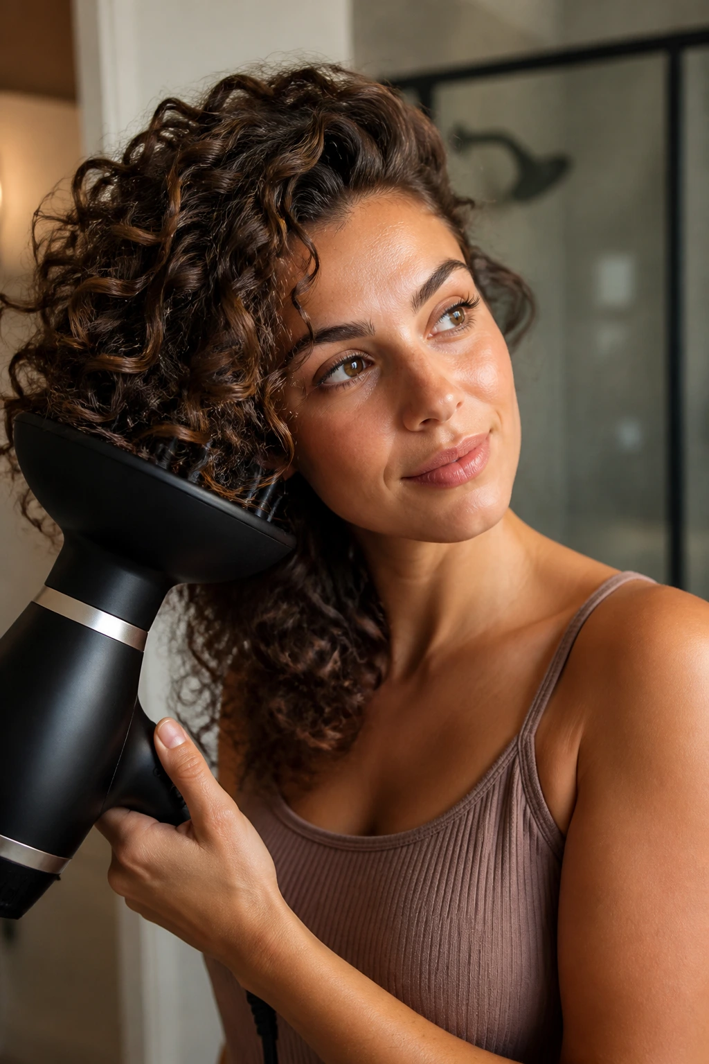 Real person diffusing curls for volume with diffuser at roots