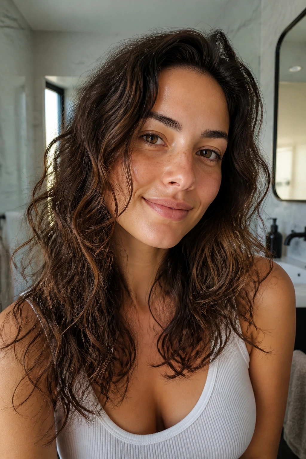 Close-up of a real woman with diffuser-dried waves.