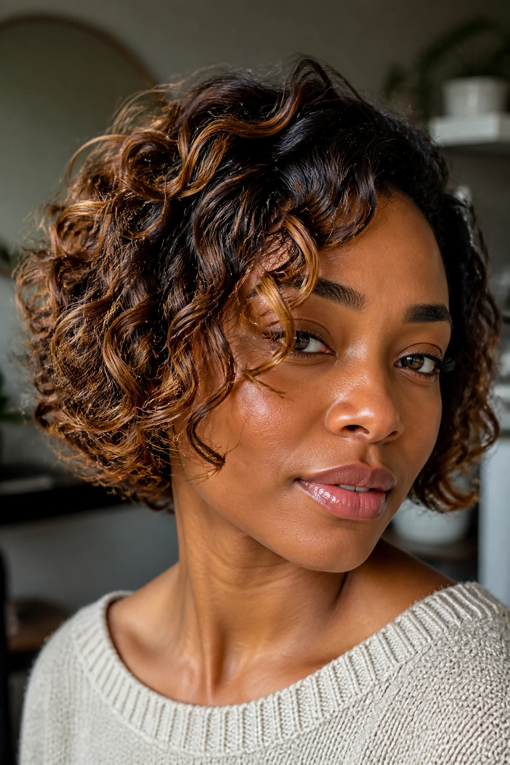 Close-up of a real person with a short bob displaying dimensional color with dark base and lighter highlights.