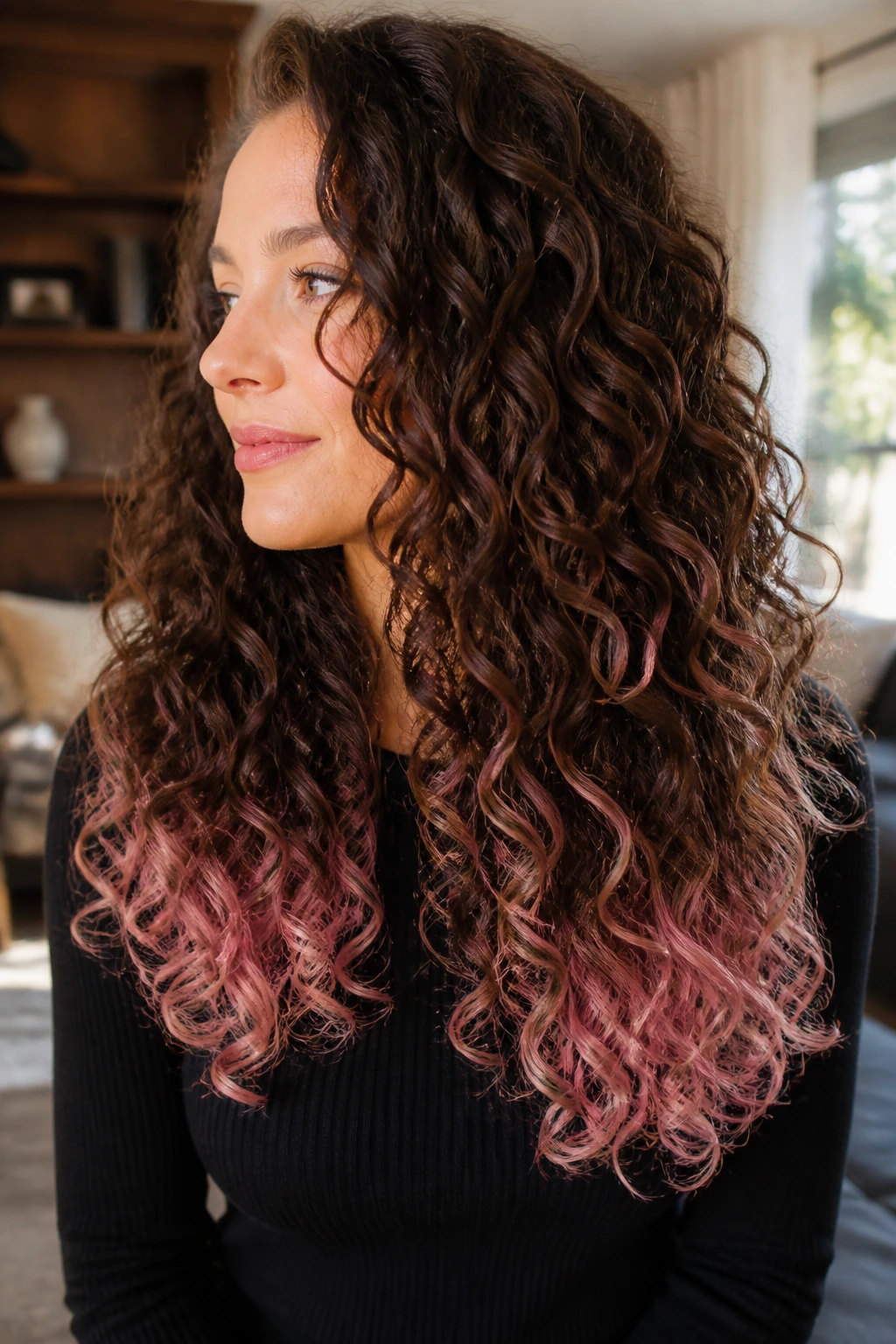 Close-up of real person with rose quartz dip-dye ends