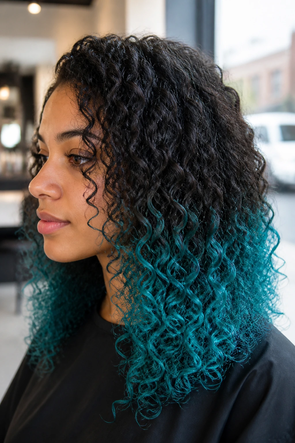 Curly hair with teal dip-dye ends close-up