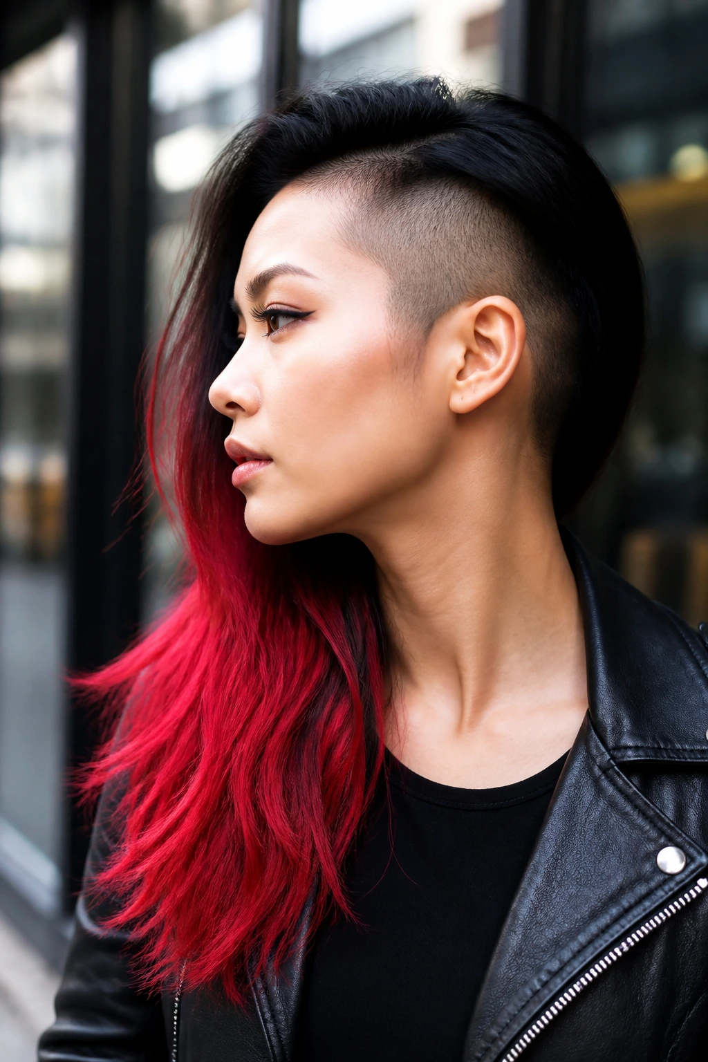 Portrait of real person with black-to-red dip dye hair and shaved side
